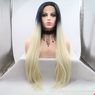 Vigorous blonde ombre long straight premium high quality wholesale black women synthetic hair wigs with lace front